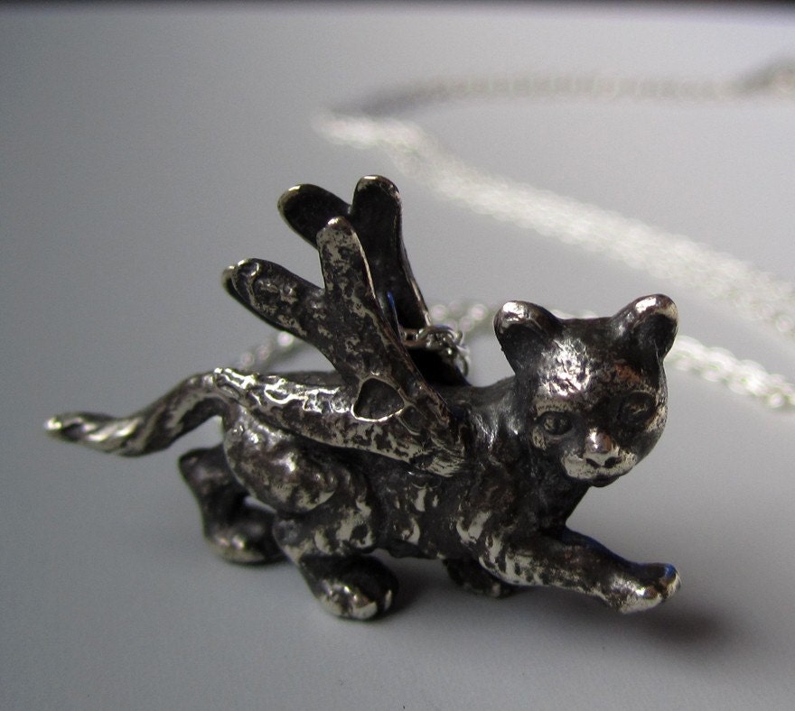 Sand the angel kitty, sterling silver winged cat pendant, made to order