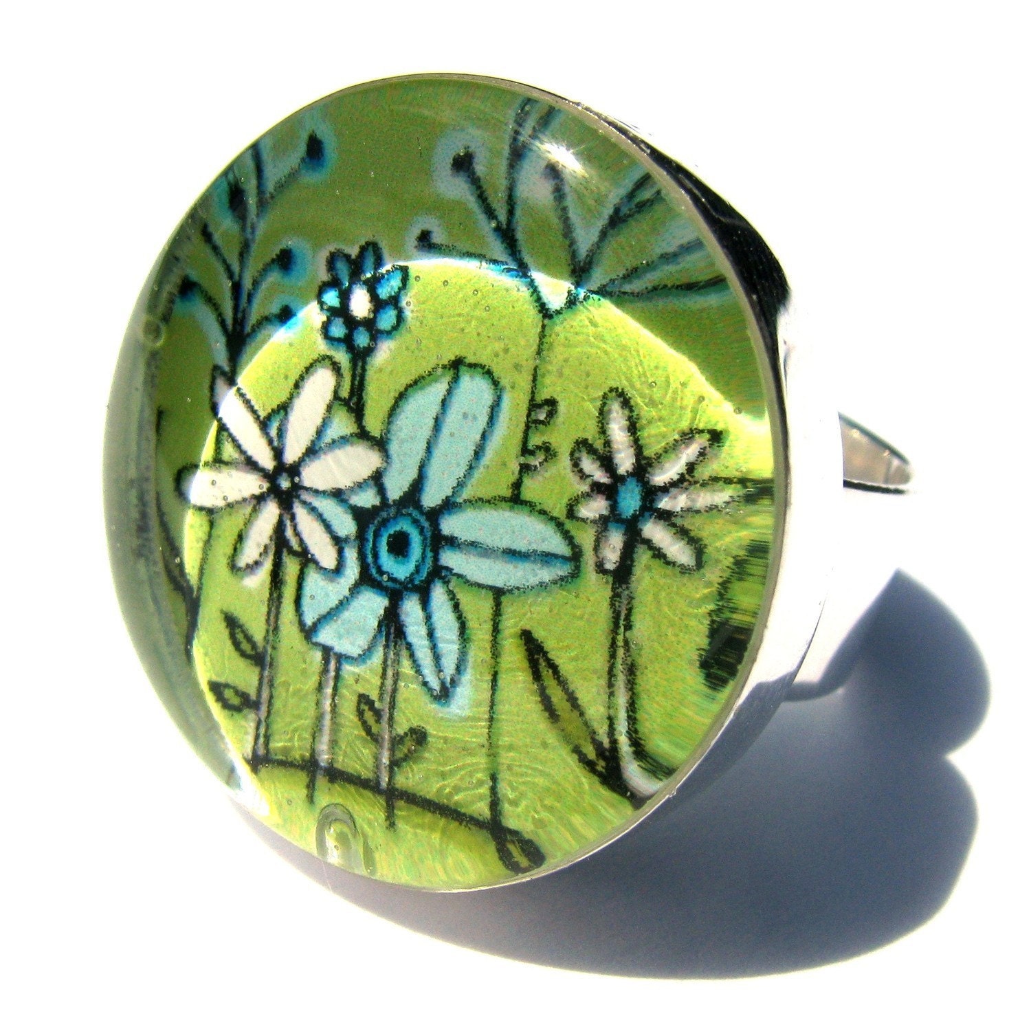 Silver Cocktail Ring. Metal and Glass Lime Green Adjustable Ring: Mellow Garden