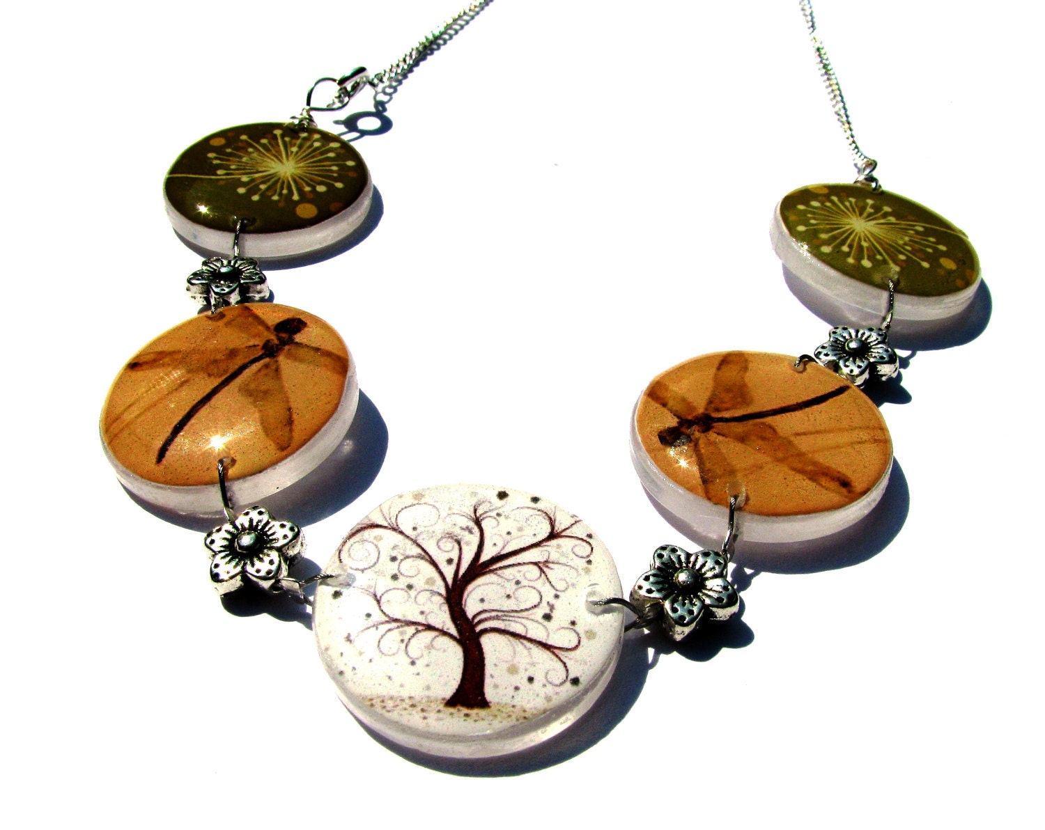 Woodland Statement Necklace: Dragonfly, Tree of Life Beaded Bib Necklace