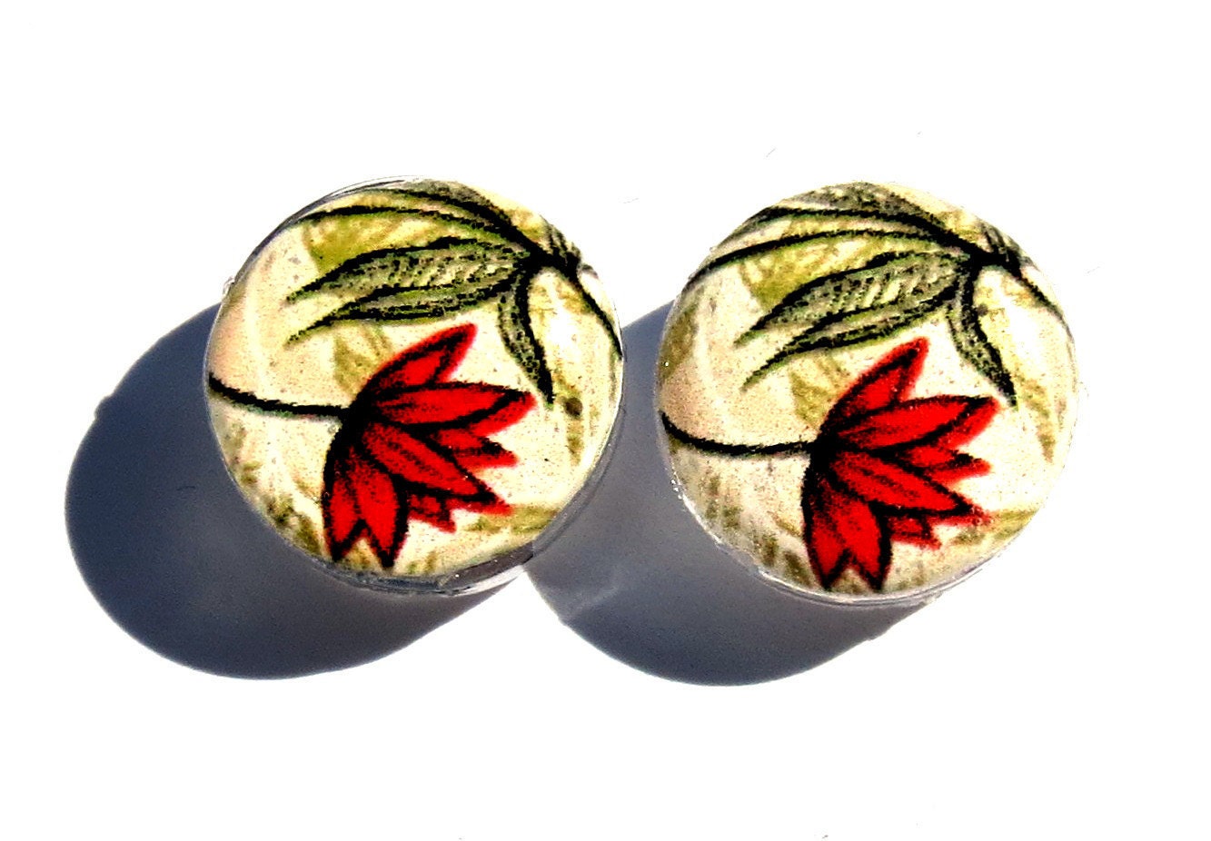 Red Flower Post Earrings. Art, Resin, and Glass, Red Stud Post Earrings: Autumn Forest