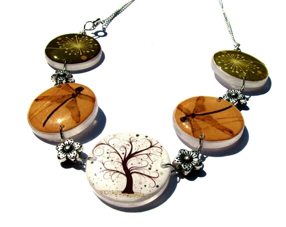 Woodland Statement Necklace: Dragonfly, Tree of Life Beaded Bib Necklace