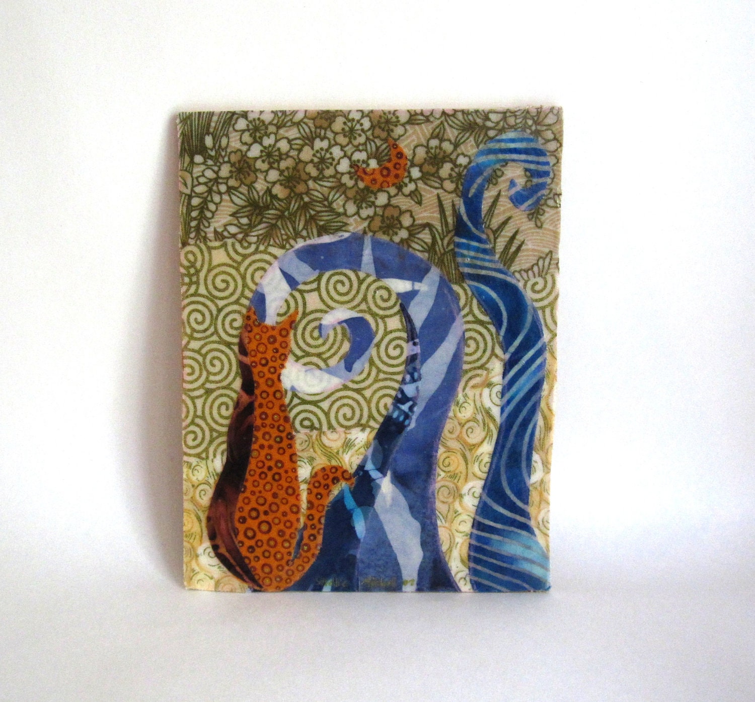 Orange Kitty Moon, Original Fabric on Wood art, Sale