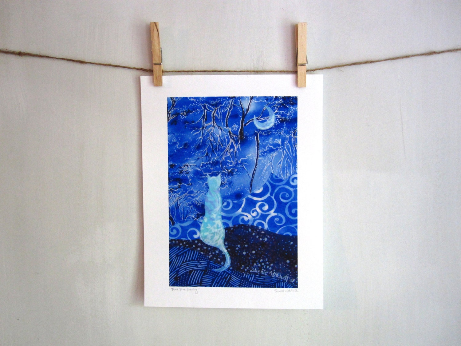 Blue Blue Evening, cat peaceful,  Archival Reproduction Print 8.5 x 11
