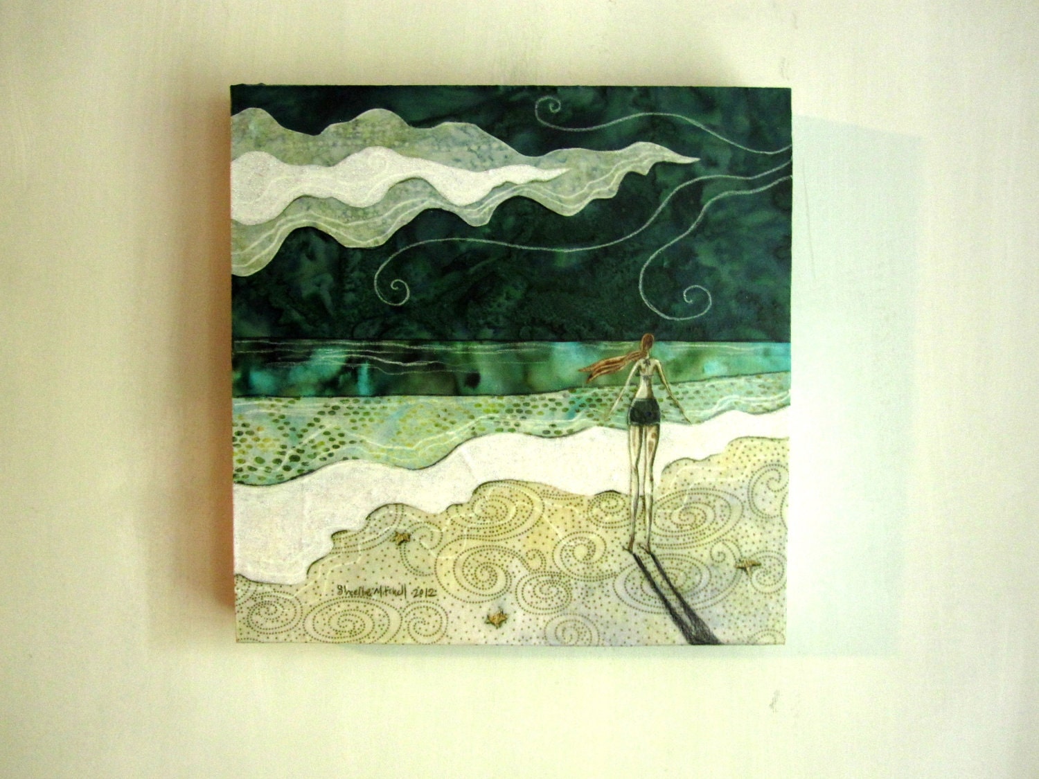 Lost at Sea, sea foam green, ocean beach summer, Original Fabric on Wood art block