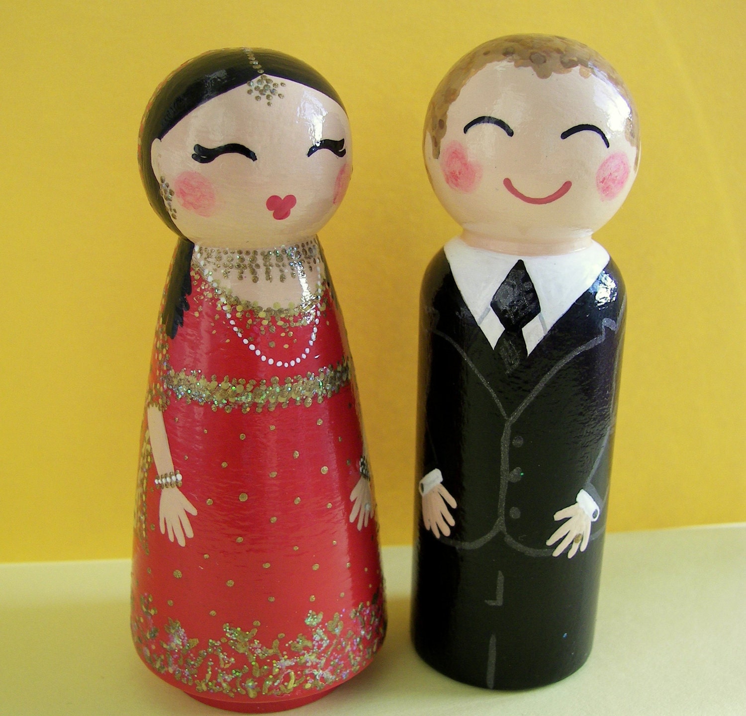 Hand Painted Love Boxes Custom Indian Wedding Bride and Groom Cake Topper Doll Wood