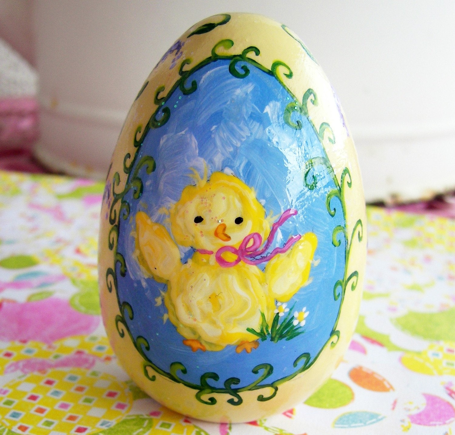 Hand Painted Love Boxes Easter Egg Ornament yellow wood