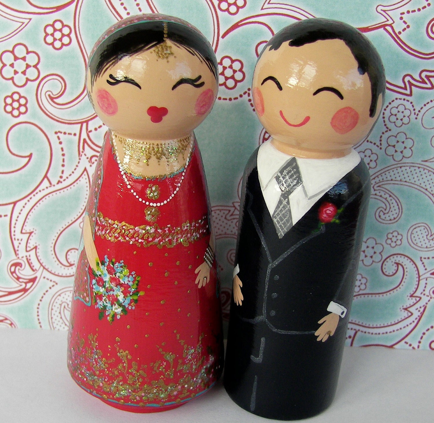 Hand Painted Love Boxes Custom Indian Wedding Bride and Groom Cake Topper Doll Wood