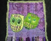 Love Birds - Purple and Green Owl Fiber Fabric Art- Art Quilt-Wall Hanging-OOAK