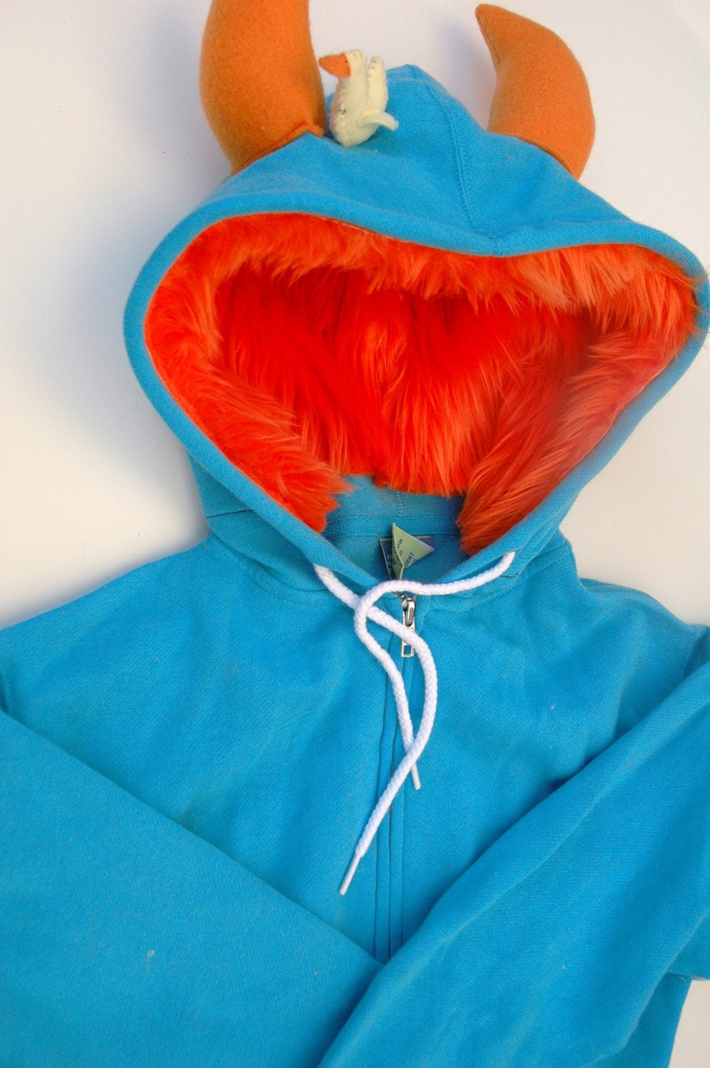 My (Big) Monster Hoodie - Aqua and orange - Adult Unisex Medium - monster hoodie, horned sweatshirt, adult jacket