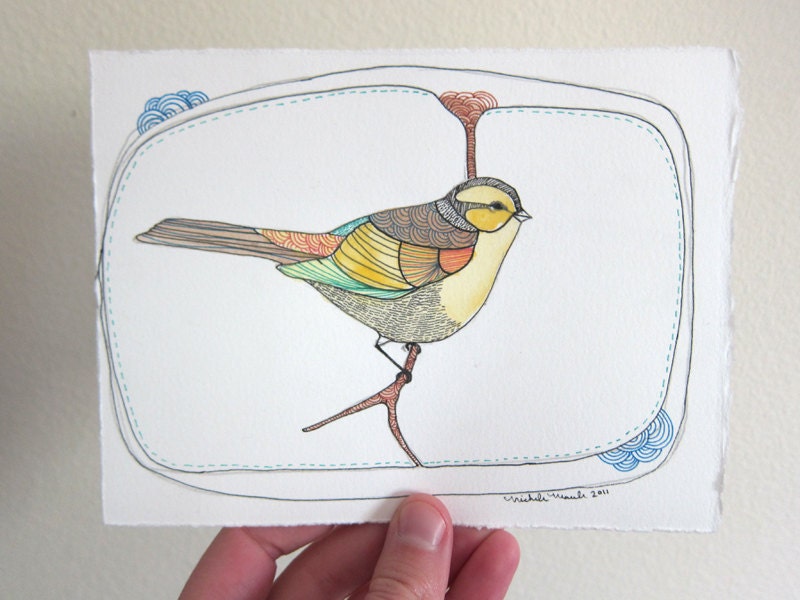 Bird Painting on Paper - Little Yellow Friend