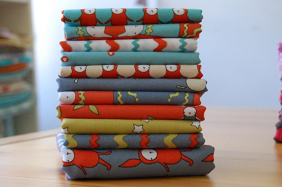 Ric Rac Rabbits - FABRIC BUNDLE- orange/aqua/citron/steel blue