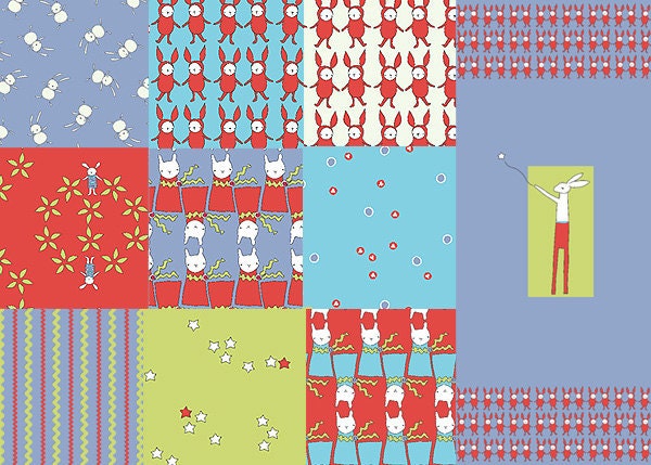 Ric Rac Rabbits - FABRIC BUNDLE- orange/aqua/citron/steel blue