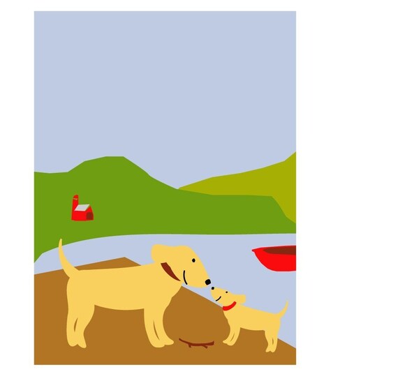 dog and puppy summer lake 8 x 10 print in mat