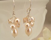 Light Peach Blend Earrings, Peach Weddings, Swarovski Austrian Crystal with Ivory Pearls - Bridesmaid Earrings