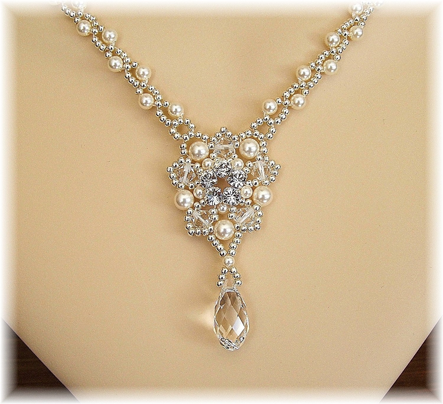 Majestic Wedding Necklace, Ivory Swarovski Pearls with Silver Beading, Bridal Necklace, Rhinestone Pendant