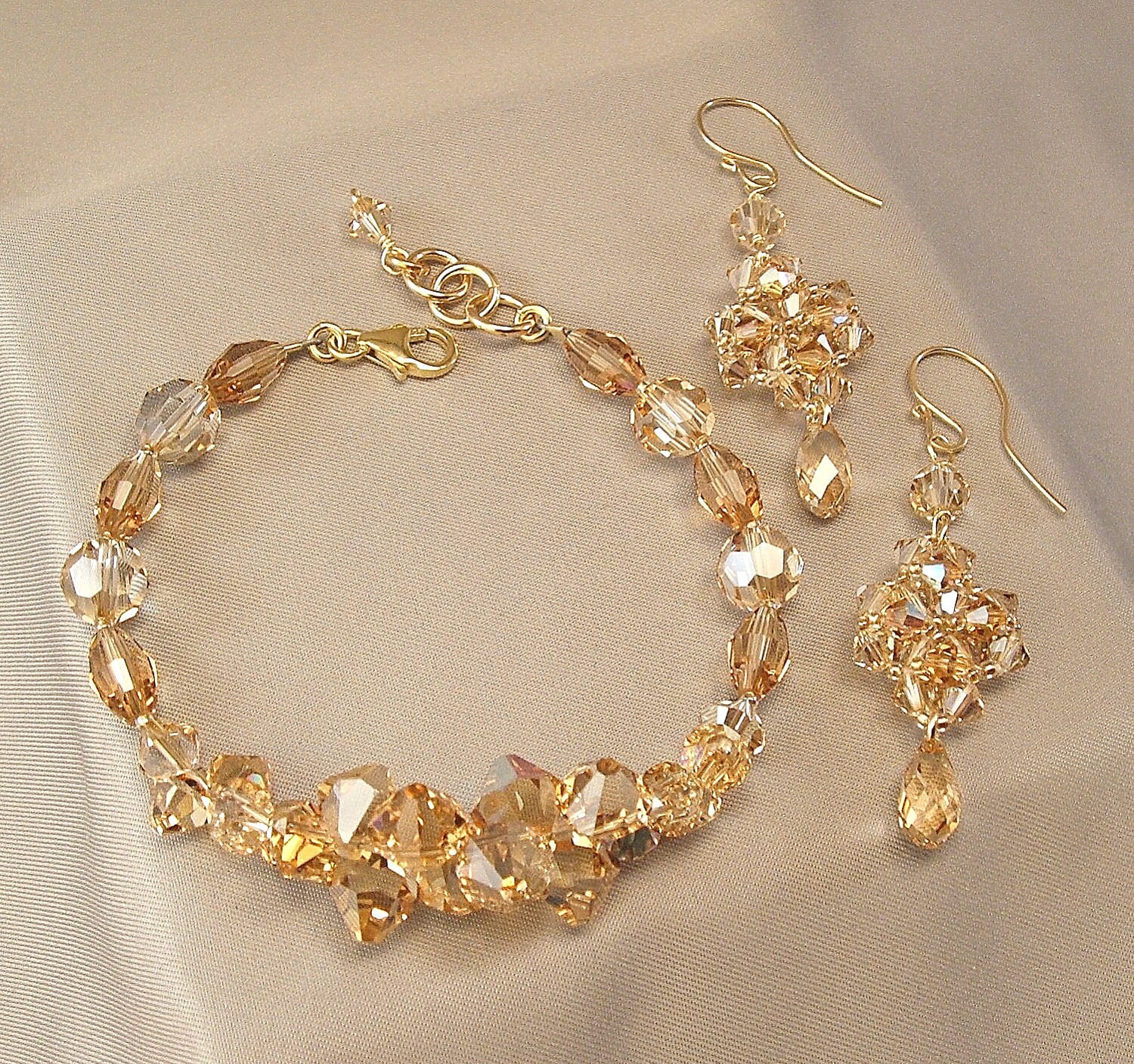 Bracelet and Earring Set, Golden Rock Candy Bracelet, 14k gold filled jewelry, Woven Teardrop Earrings