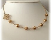 Bronze Wedding Asymmetrical Necklaces, Pearl and Crystal 14k Gold Filled Necklaces, Bright Gold Swarovski Pearls and Crystal