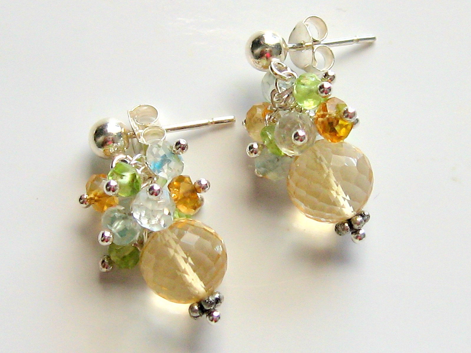 Citrine Cluster Earrings, Citrine, Aquamarine, Peridot, Sterling Silver Posts, Gemstone Cluster Earrings