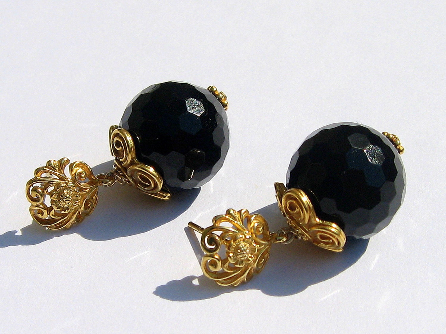 Black and Gold Gemstone Dangle Earrings, Onyx and Vermeil