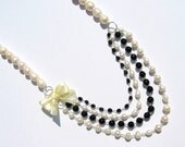 Pearl Necklace, Multi-Tier Bridal Statement Necklace, Black, Off White, Bow Necklace