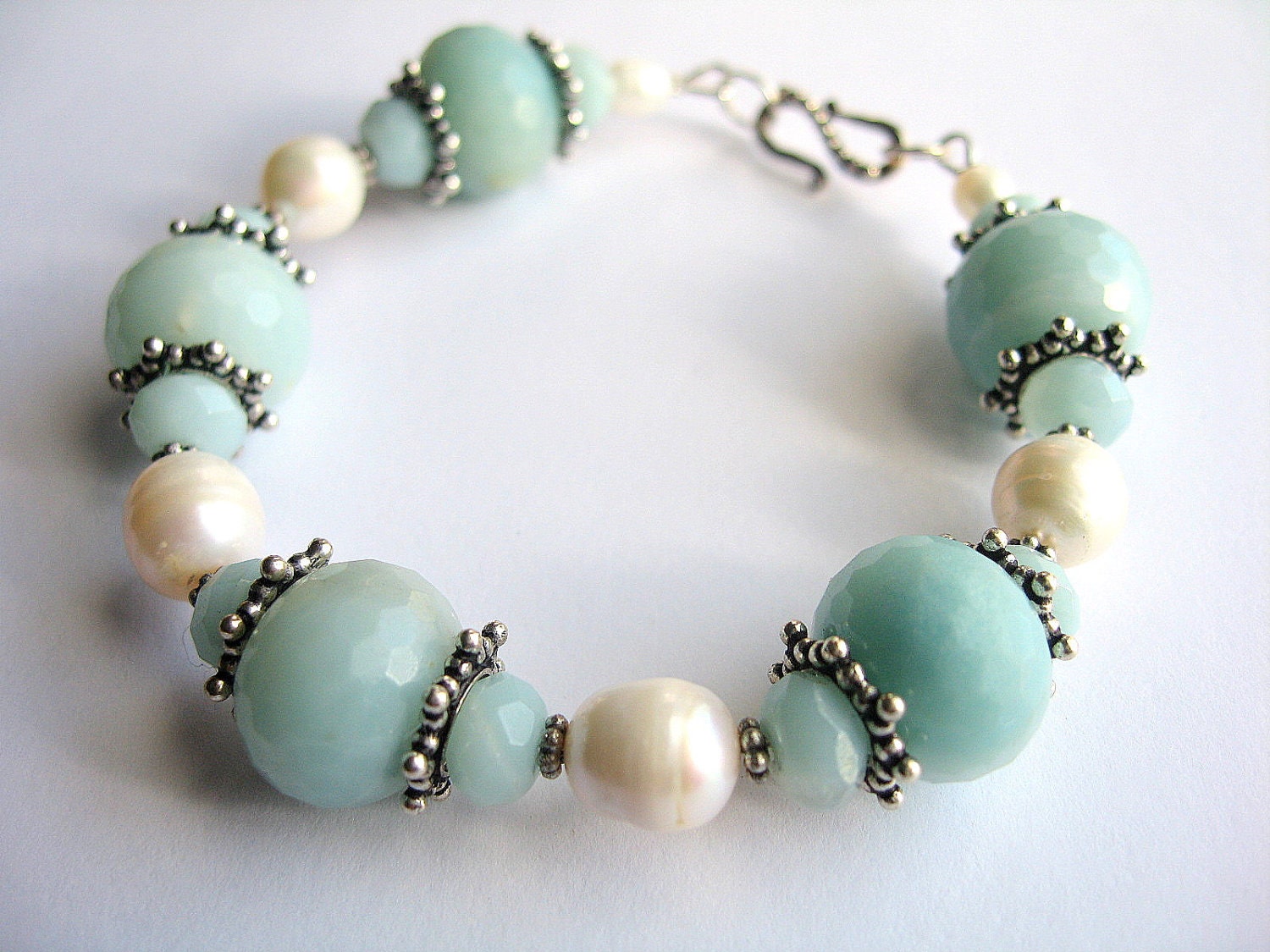 Aqua Gemstone Bracelet, Amazonite and Pearl Jewelry