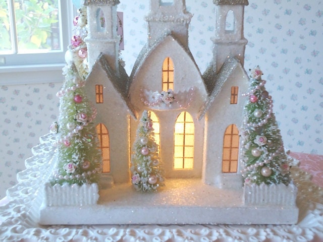 RESERVED for TONYA - LIGHTED Shabby Christmas Cathedral - Vintage Style with Bottle Brush Trees