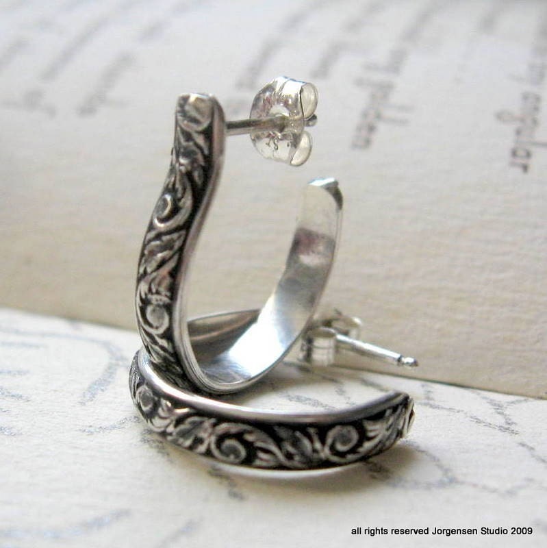 Sterling Silver Patterned Hoop Earrings post back