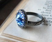 Gothic Crown Bezel Oxidized Sterling Silver Ring Sapphire Blue Vintage Swarovski Crystal