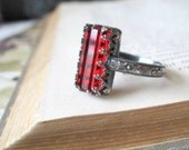 Sterling Silver Gothic Ring Rectangle Blood Red Crystal