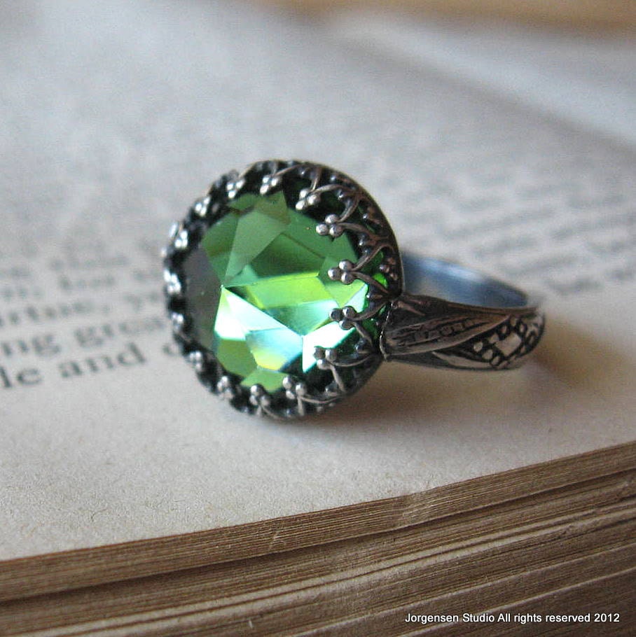 Cocktail Ring Tourmaline Green Rose Cut Vintage Swarovski Crystal in Sterling Silver