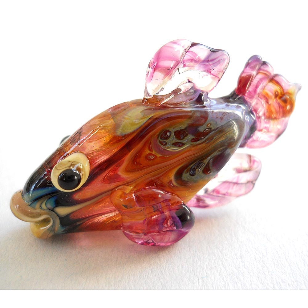 Handmade Lampwork glass bead pendant, pink fire fish jewelry supplies, CGGE team focal, SRA art glass by Isinglass Design