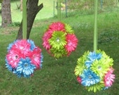 7" Gerber Daisy Rhinestone Kissing Ball, silk flower pomander, centerpiece. custom color, blue, lime, green, hot pink,ribbon hanger