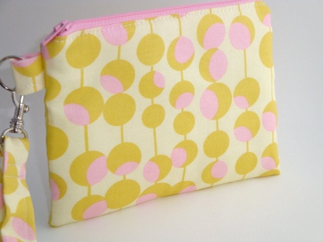 Zippered Wristlet with Detachable Wrist Strap-Yellow and Pink