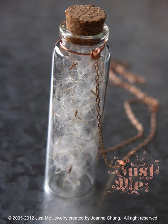 Just Me - LAST ONE - Messenger of Love - Winged Seeds of a Summer Flower Glass Bottle Necklace 30 inches - Mother's Day - Summer