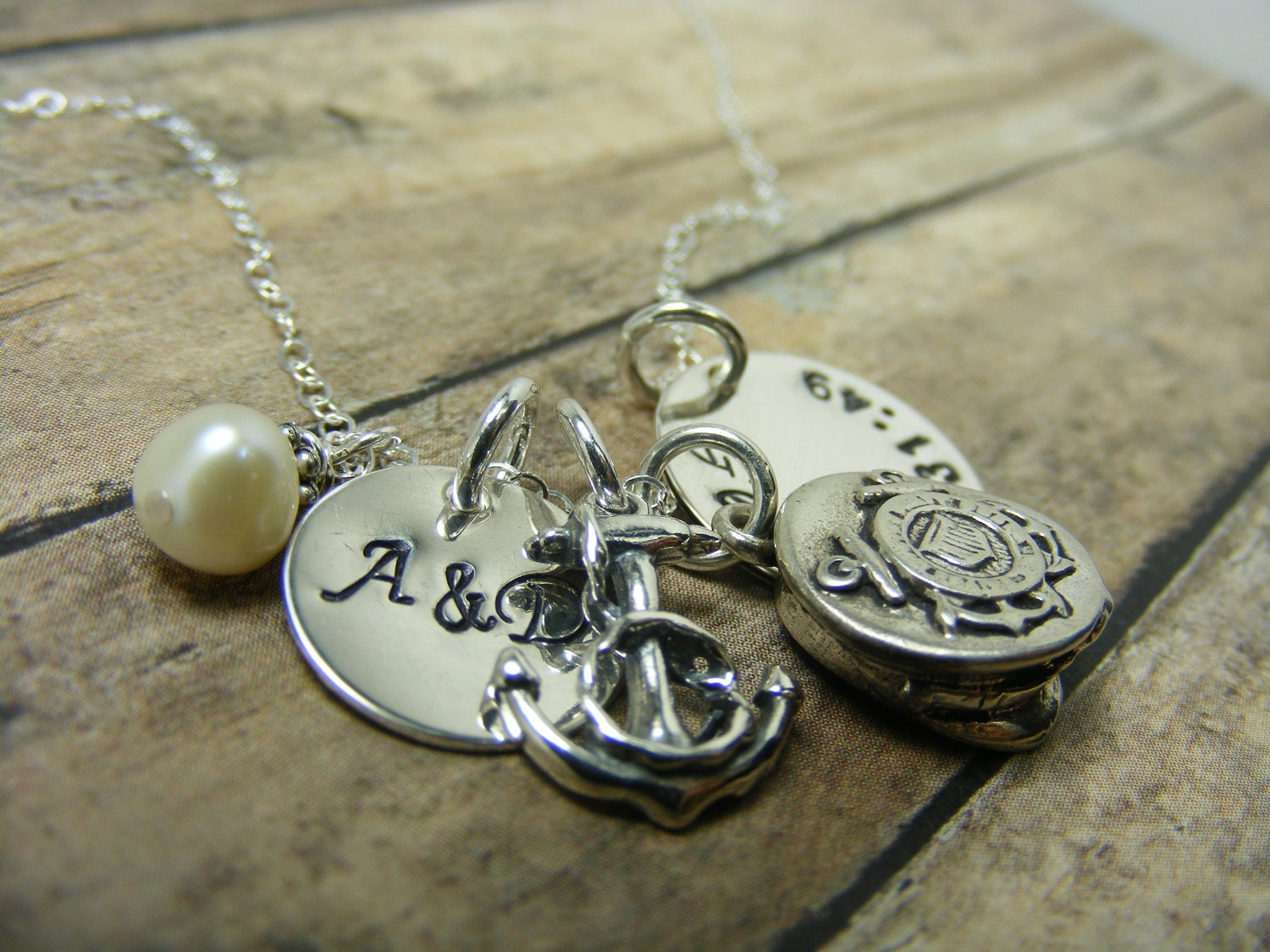 Coast Guard navy sterling silver handstamped necklace with anchor and hat