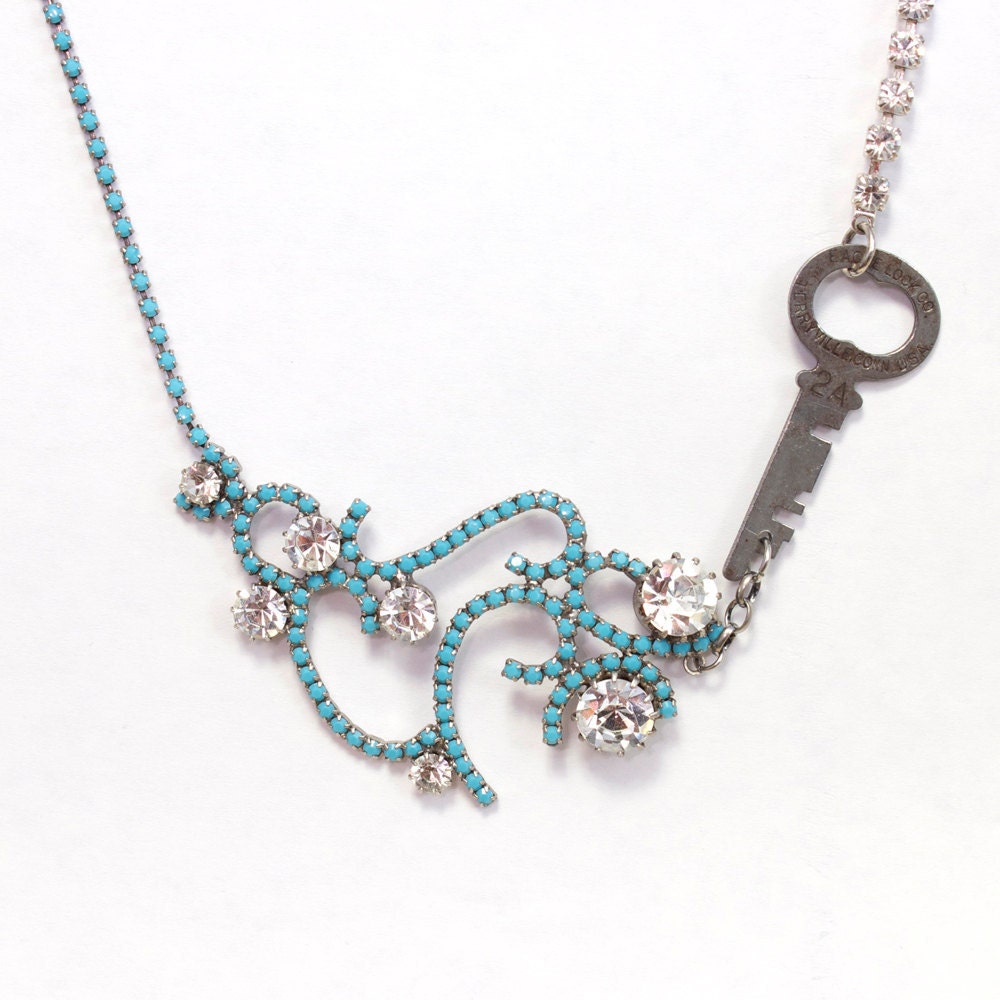 Antique Key and Rhinestone Necklace - Something Found Something Blue by TheRabbitHole