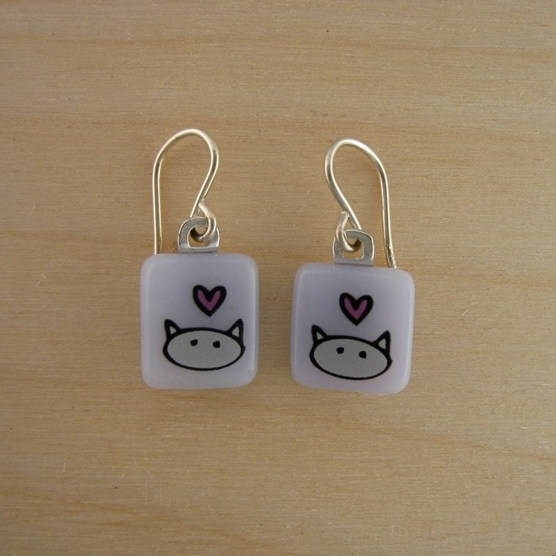 Love Kitty on Lavender Glass Earrings