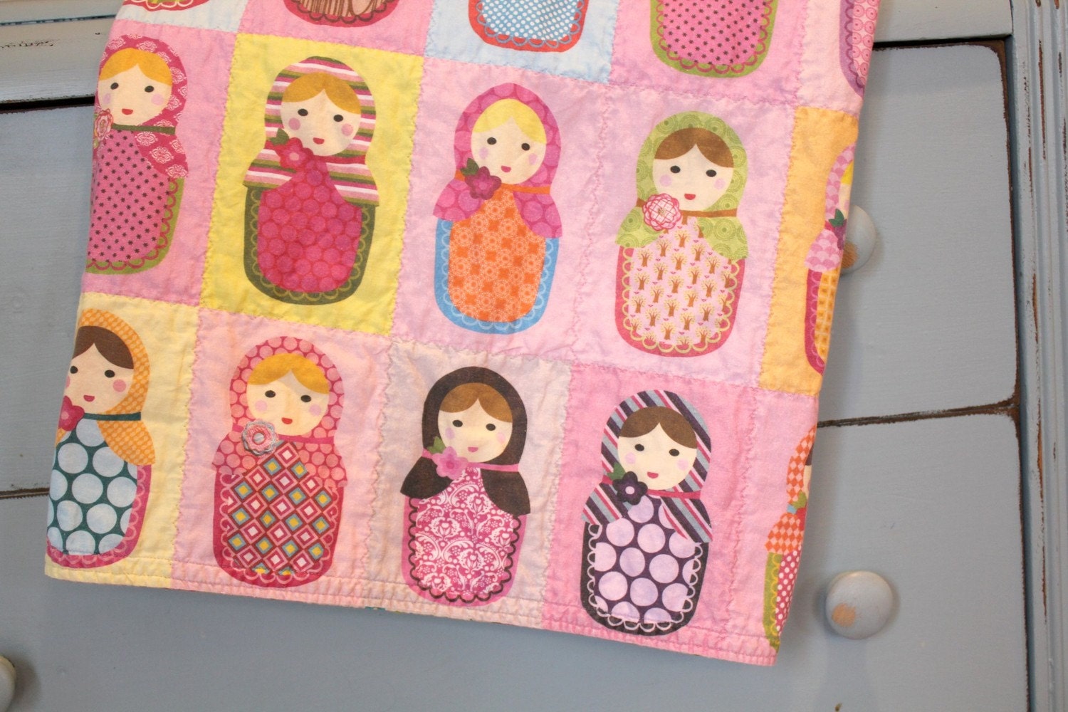 Matryoshka Doll QUILT by PETUNIAS baby blanket photo prop nursery decor bedding sweet colorful happy pink kids toddler