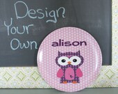 Personalized Melamine Plate by PETUNIAS fox owl matryoshka babushka kokeshi name you choose design your own custom pink gray gold blue brown