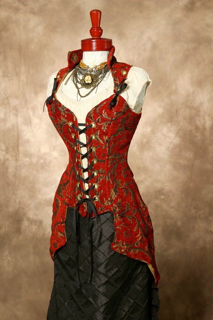 Waist 35-37 Red with Gold Vine Corseted Pirate Coat