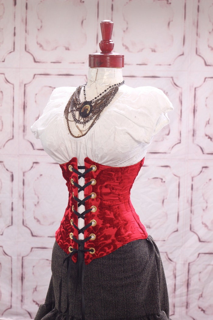 Waist 22-24 Red Tonal Chenille Swirl Wench Corset