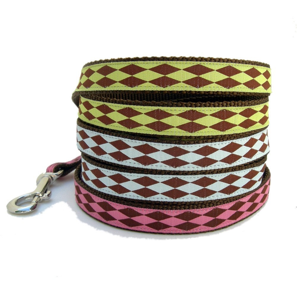 Mid Sized Dog Leash Handmade (Pattern- Harlequin, Colors- Green, Blue, Pink)