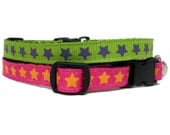Cat or Ferret Collar with breakaway safety buckle and detachable bell. (Pattern- Star Bright, Colors- Pink, Green)