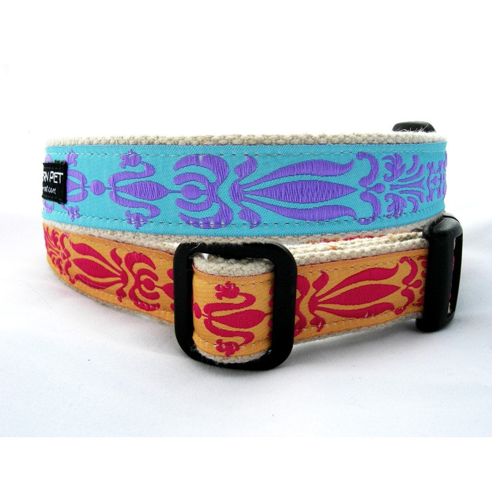 Hemp Dog Collars for Large Dogs (Pattern - Imperial, Colors - Sunset, Blue Sky)