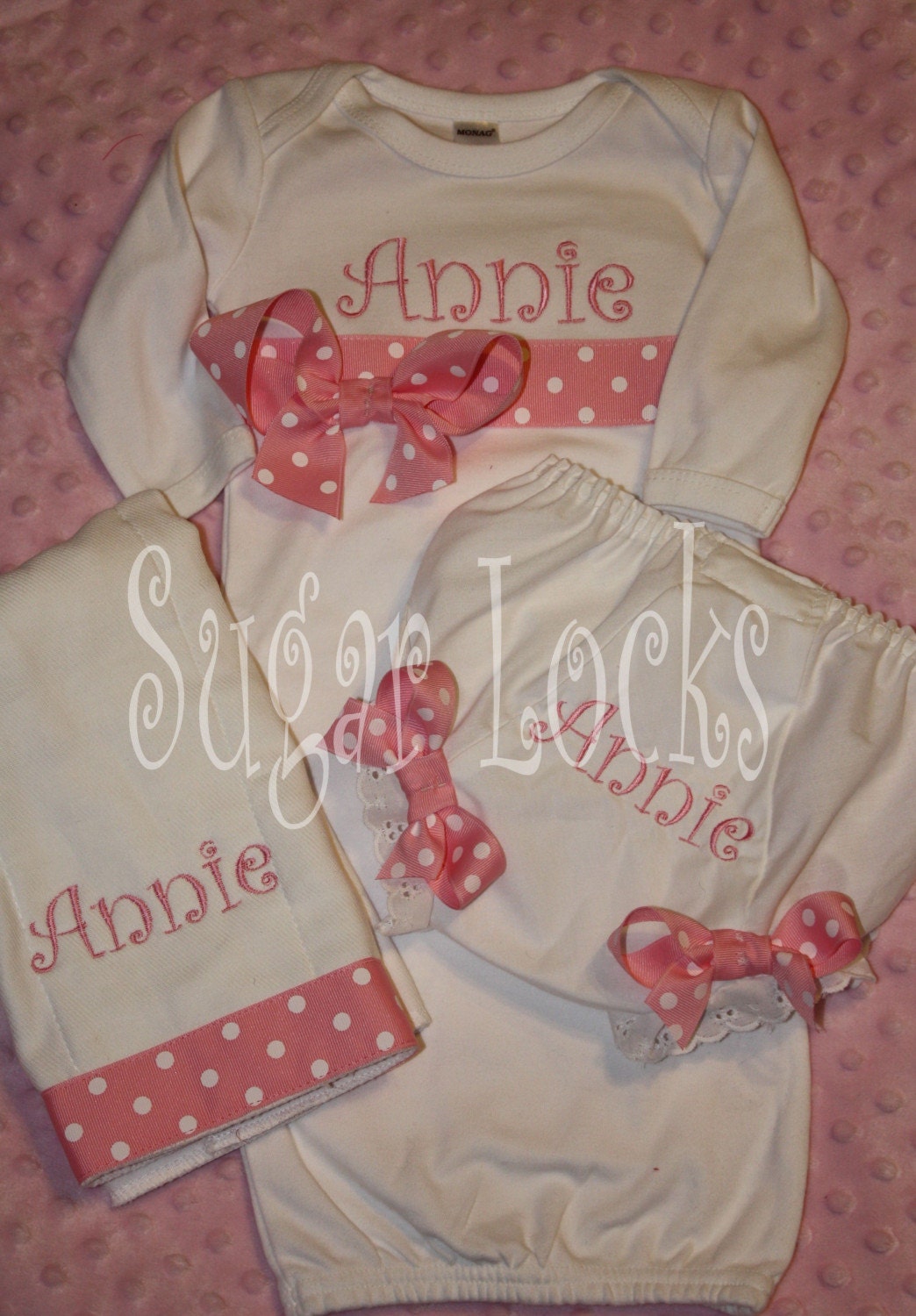 Ultimate Baby Girl Shower Gift Set Personalized Custom Boutique Ribbon Gown, Bow Bloomers, Ribbon Bib and Ribbon Burp Cloth