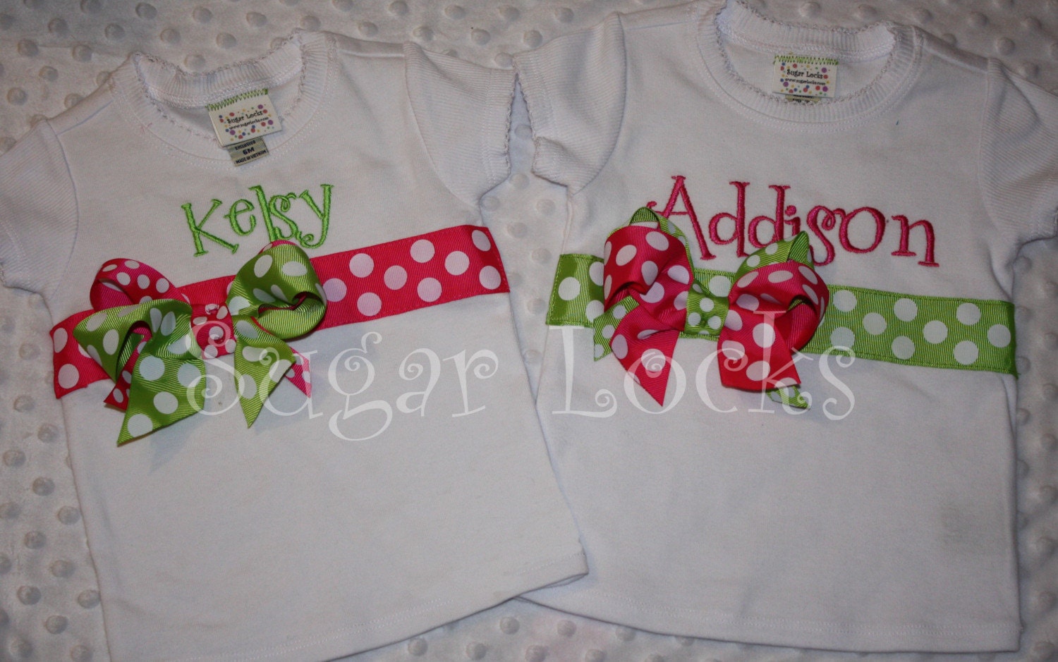 Boutique Personalized Ribbon Shirt Shocking Pink and Lime TWINS