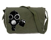 Black Vintage Gas Mask - Olive Green - Large Raw Edged Messenger Bag / Laptop Bag