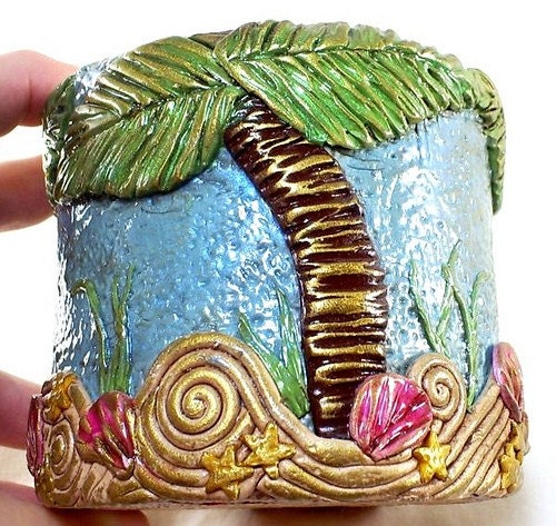 Pen or Pencil holder with palm trees, waves and sea shells