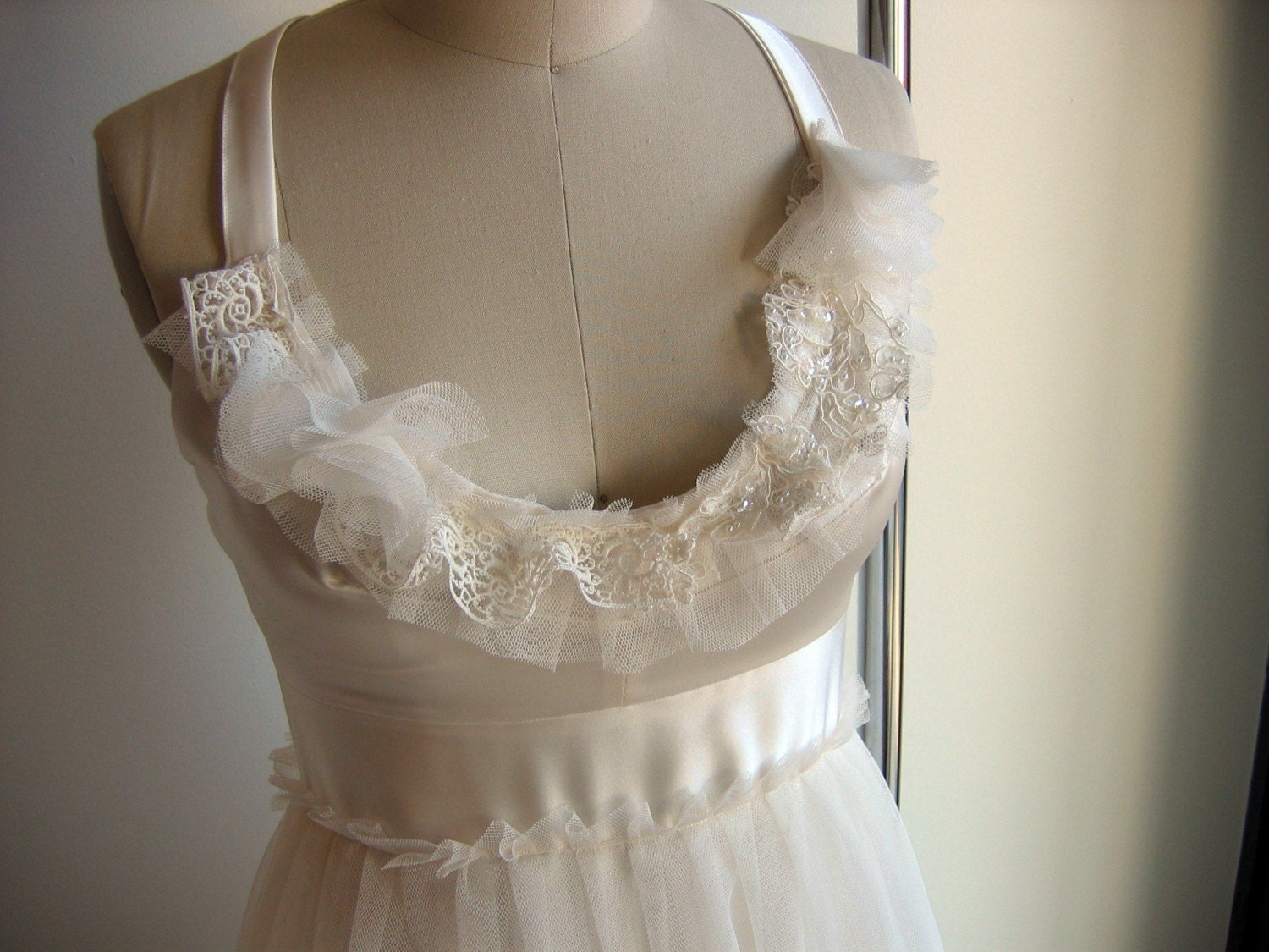 IN STOCK SMALL - One of a Kind Modern Pearl Tulle and Silk Wedding Dress Gown with Vintage Detailing