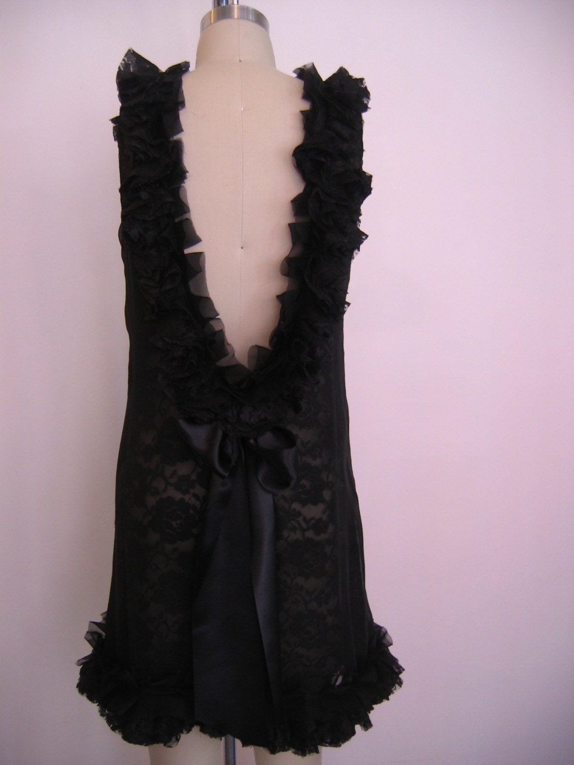 Coco Black Silk Chiffon and Lace Backless Dress with satin bow MADE TO ORDER